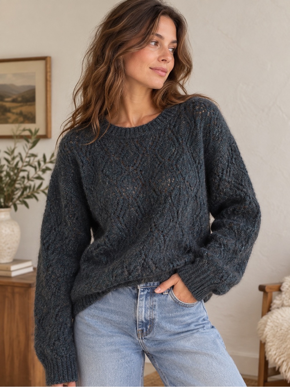 L.L.Bean Women’s XL Mohair Wool Open Knit Sweater Dark Academia Cottagecore